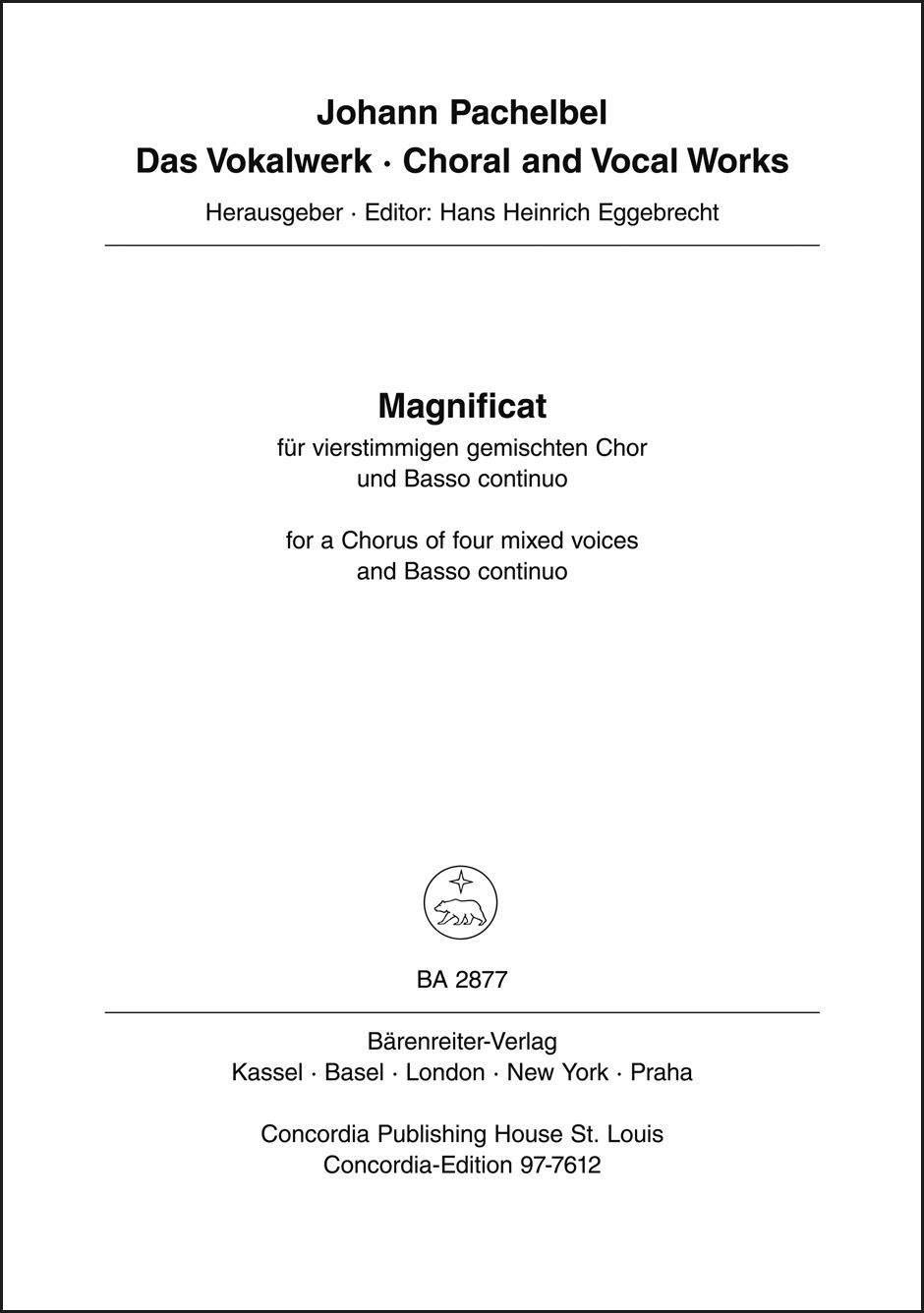 Magnificat for a Chorus of four mixed voices and Basso continuo