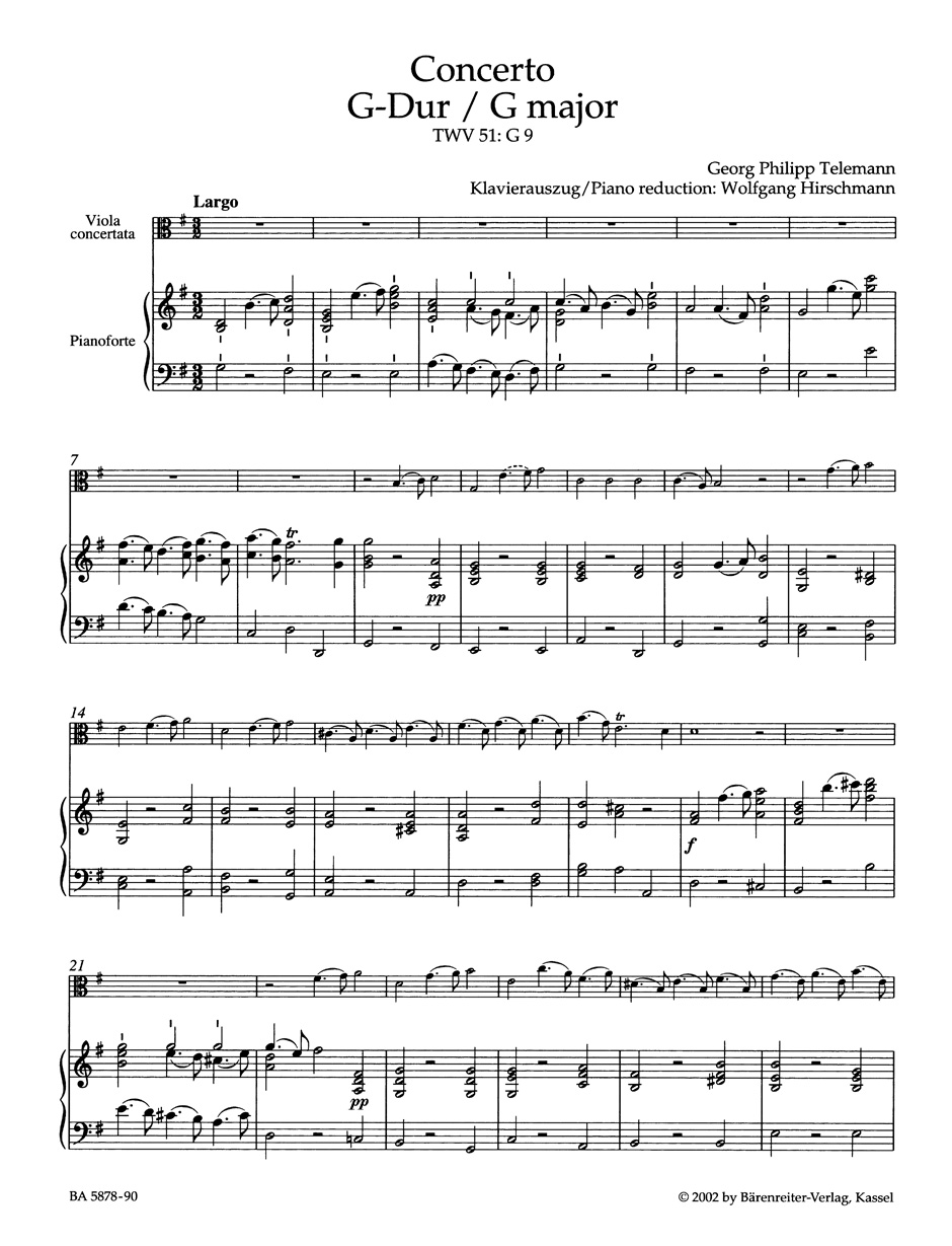 Concerto for Viola, Strings and Basso continuo in G major TWV 51:G9 - Image 2